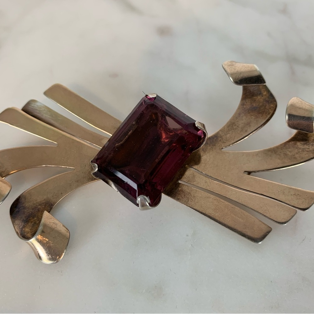 Sterling Silver Art Deco Brooch Purple Stone Retro Great Gatsby Big Bold Vtg